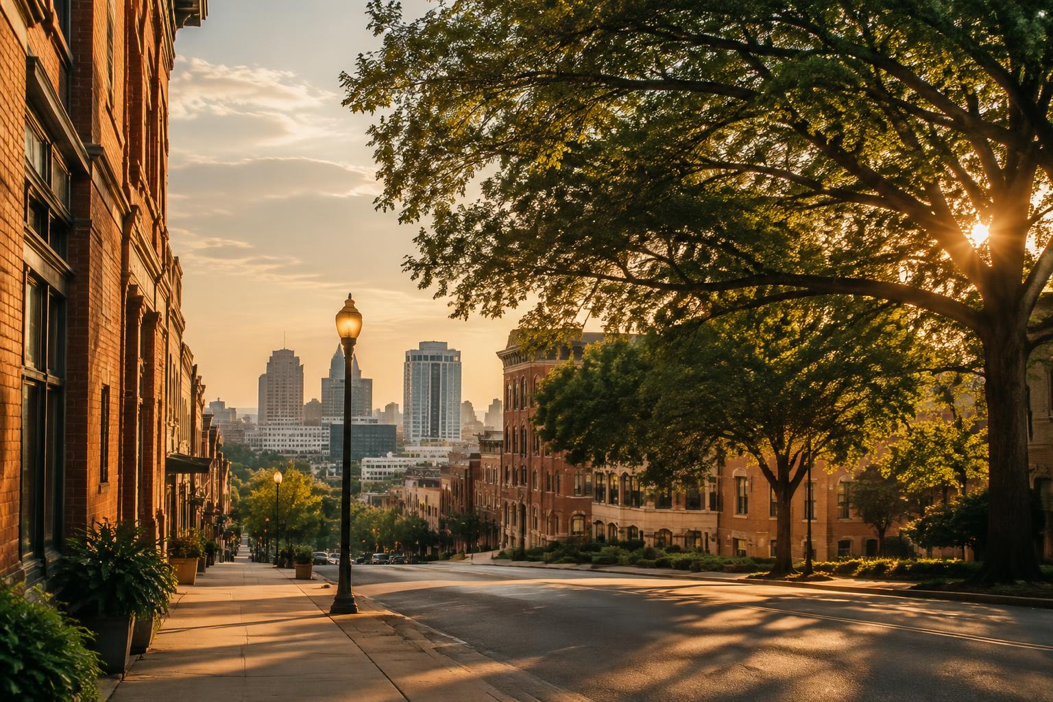 A quiet Birmingham street at golden hour