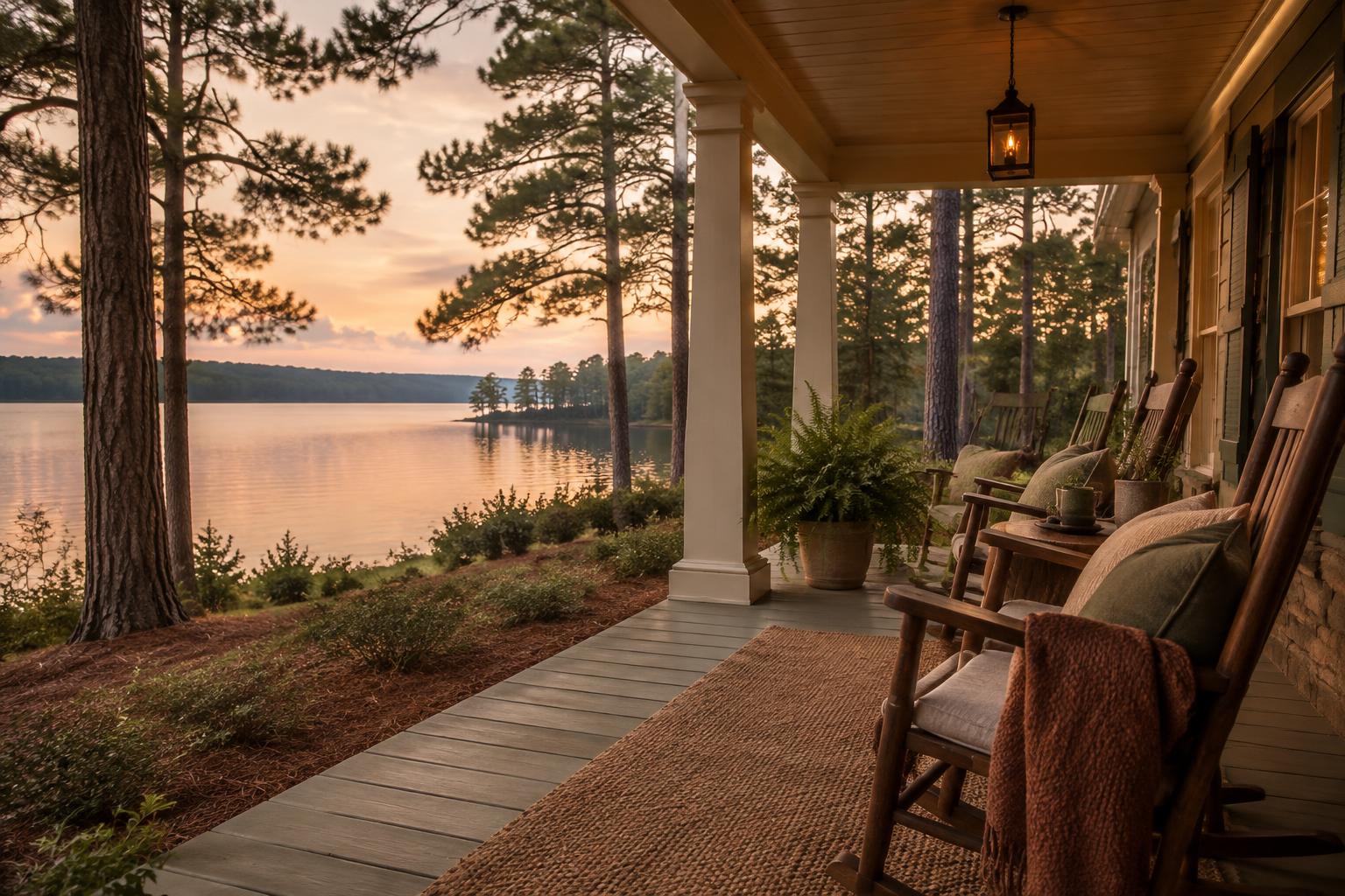 A lakeside porch in Alabama at dusk